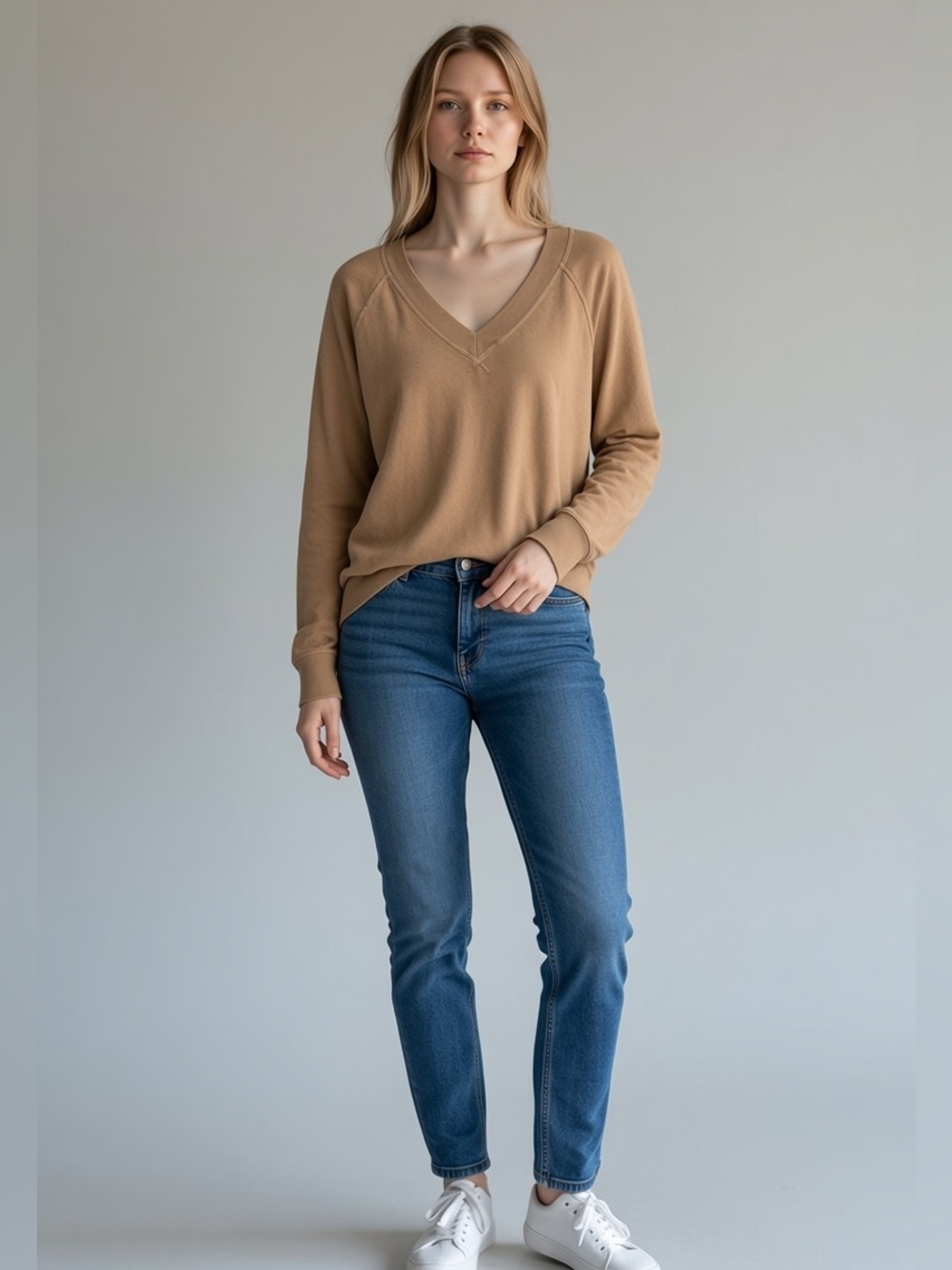Perfect White Tee Sinead Relaxed French Terry V Neck Sweatshirt in Tan Small
